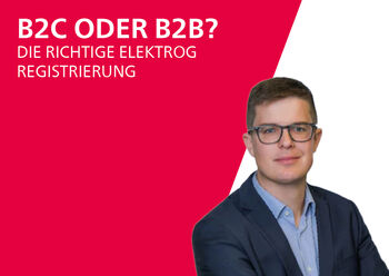 Porträt des Referenten vor rotem Hintergrund mit Hinweis auf B2C- und B2B-ElektroG-Registrierung