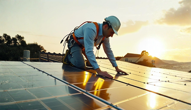 Fotovoltaik-Dach mit Techniker